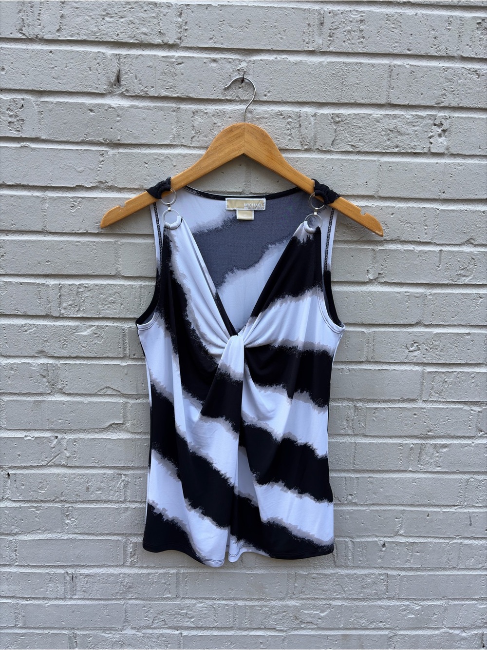 Michael Kors Black and White Striped Twist-Front Tank